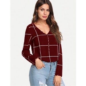 SHEIN Womens Blouse Size M V-Neck Grid Windowpane Top Long Sleeve Buttons Red